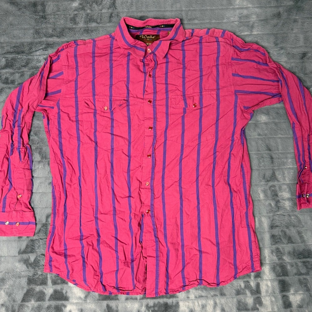 Walls Authentic Ranch Wear Mens XL Pink Purple Striped Western Shirt Cotton
